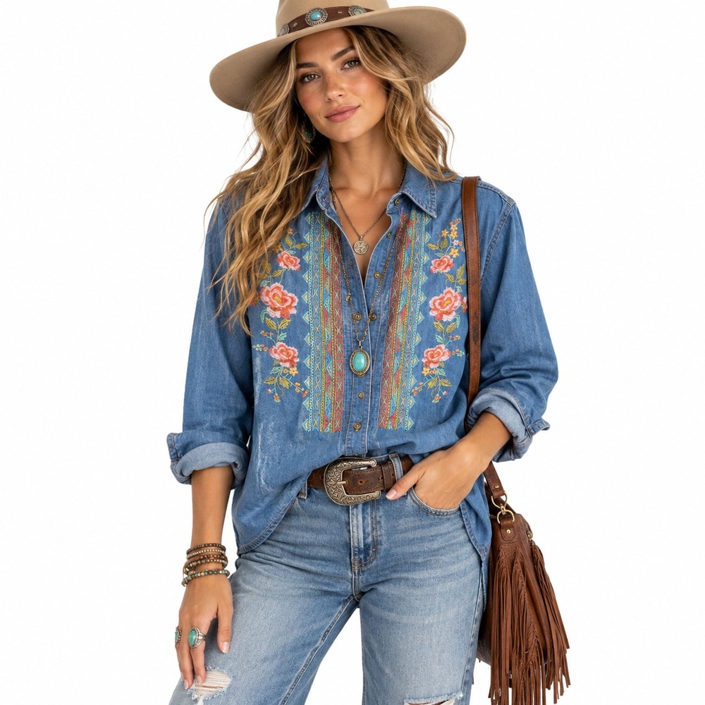 Scandia Woods Womens L Denim Shirt Embroidered Floral Western Boho Cotton NWOT